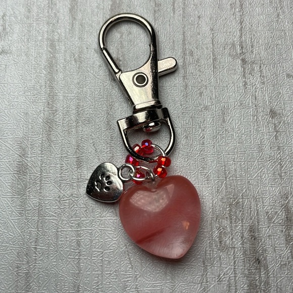 Natural Strawberry Quartz Crystal Charm With Love My Cat Charm Keychain - Picture 7 of 15